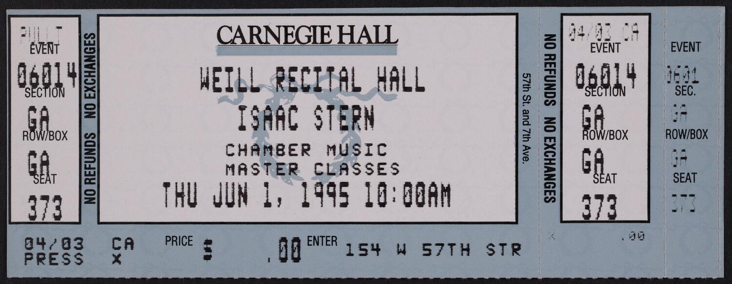 Ticket for Isaac Stern Chamber Music Master Classes, June 1, 1995 (front)