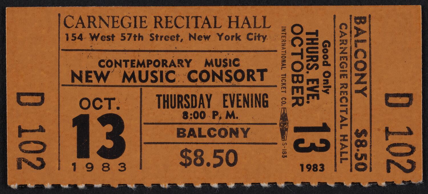 Ticket for New Music Consort, October 13, 1983 (front)