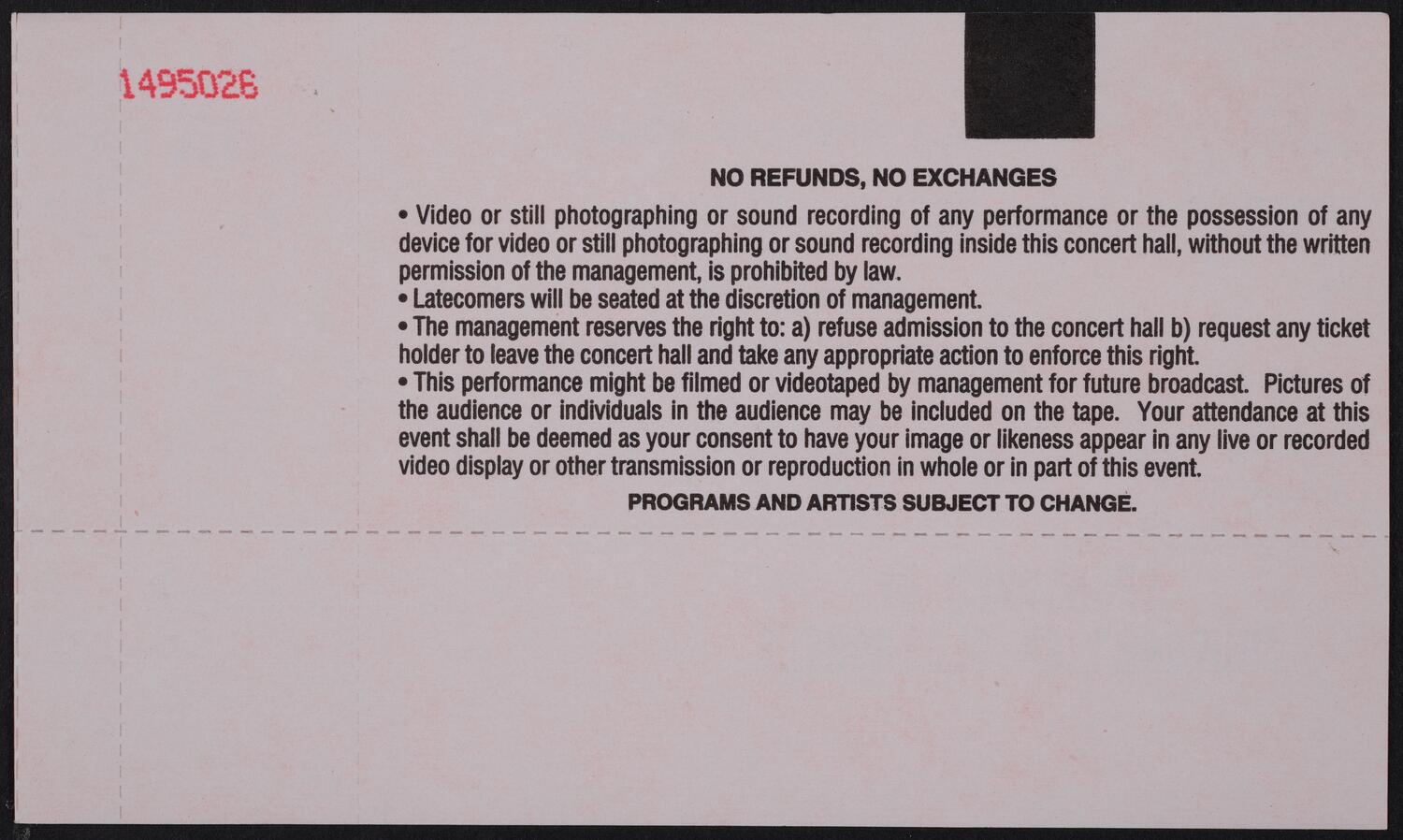 Ticket for Gala Opening Night: Boston Symphony Orchestra, October 5, 1995 (back)