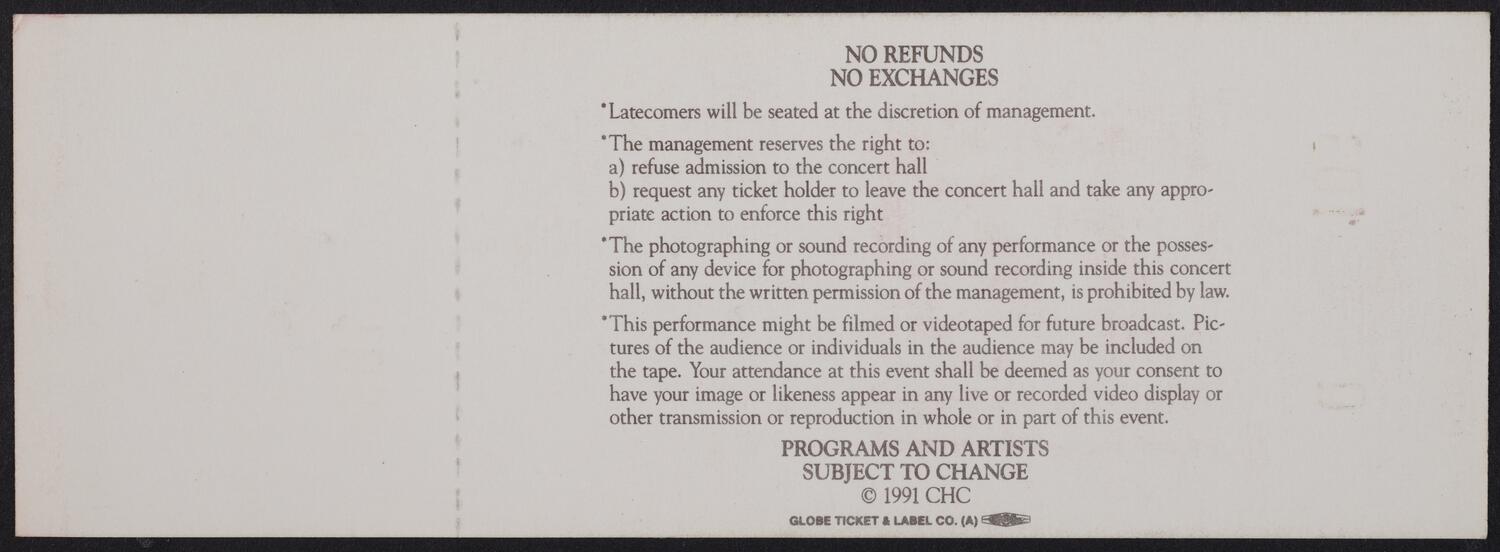 Ticket for the Carnegie Hall Centennial Gala, May 5, 1991 (back)