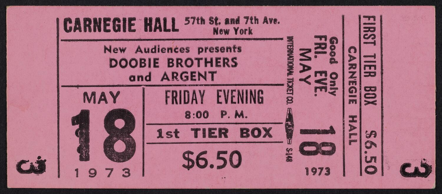 Ticket for Doobie Brothers and Argent, May 18, 1973 (front)