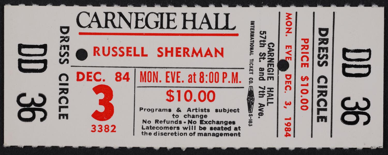 Ticket for Russell Sherman, December 3, 1984 (front)