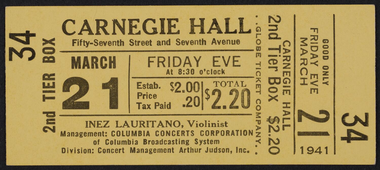 Ticket for Inez Lauritano, March 21, 1941 (front)
