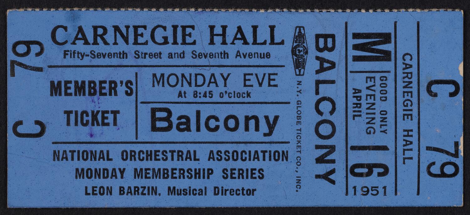 Ticket for National Orchestral Association, April 16, 1951 (front)