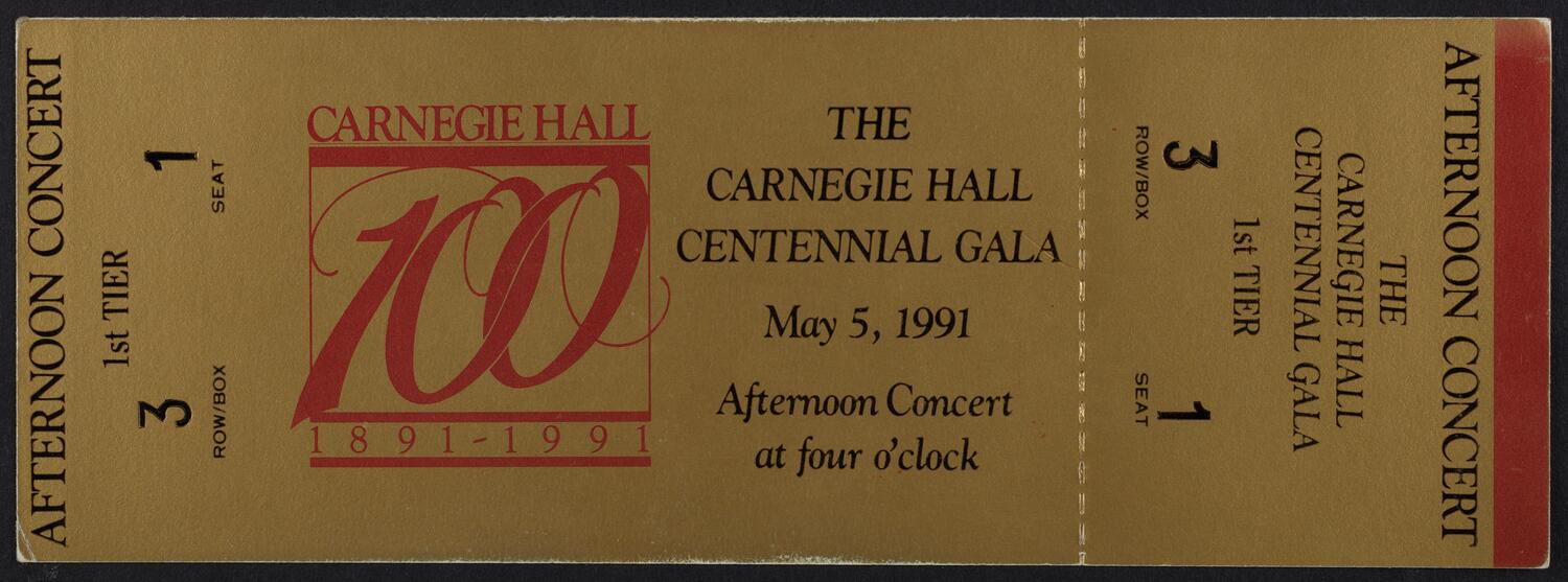 Ticket for the Carnegie Hall Centennial Gala, May 5, 1991 (front)