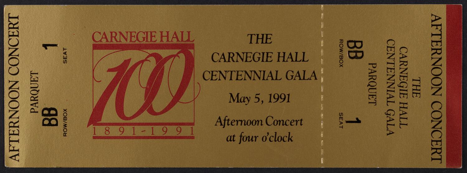 Ticket for the Carnegie Hall Centennial Gala, May 5, 1991 (front)