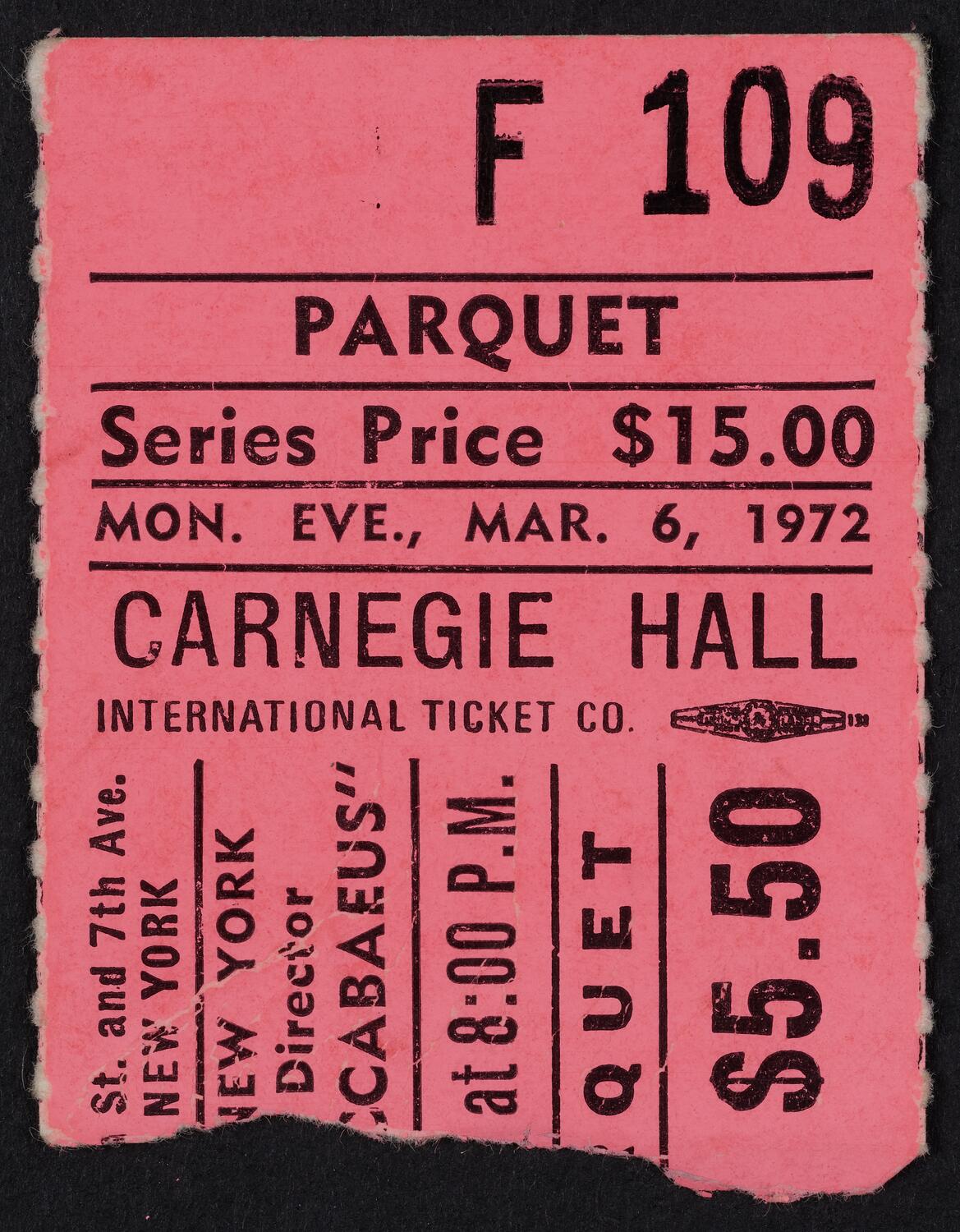 Ticket for Handel Society of New York, March 6, 1972 (front)