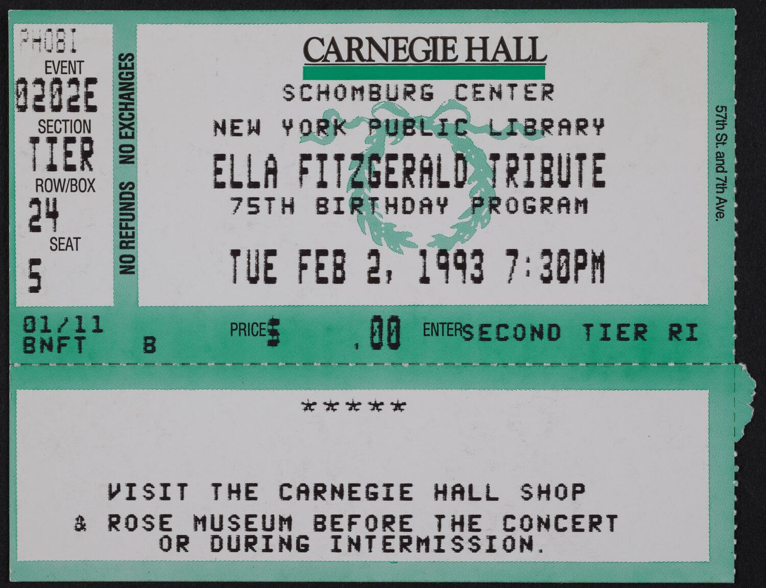 Ticket for Ella Fitzgerald Tribute: 75th Birthday Program, February 2, 1993 (front)