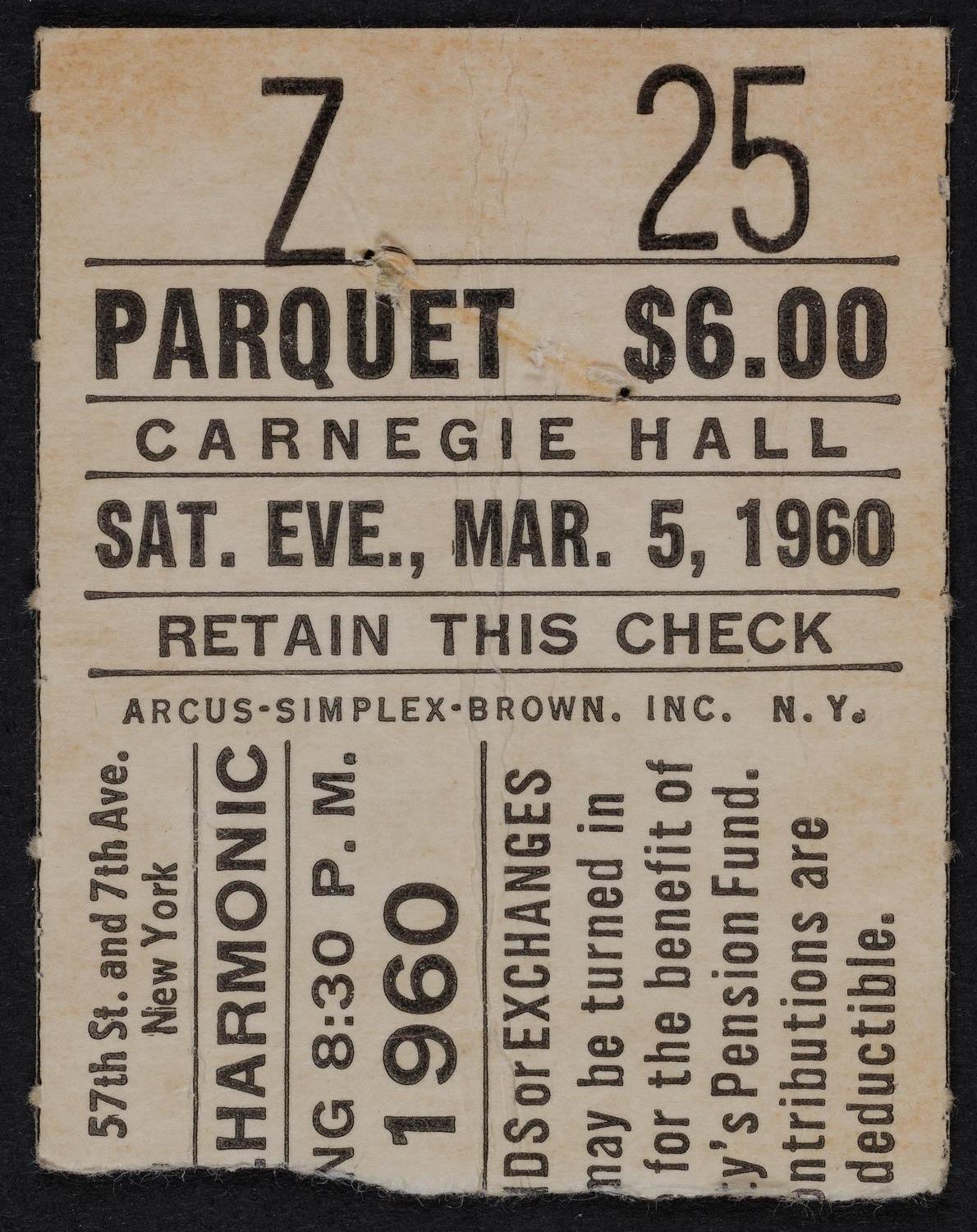 Ticket for New York Philharmonic, March 5, 1960 (front)
