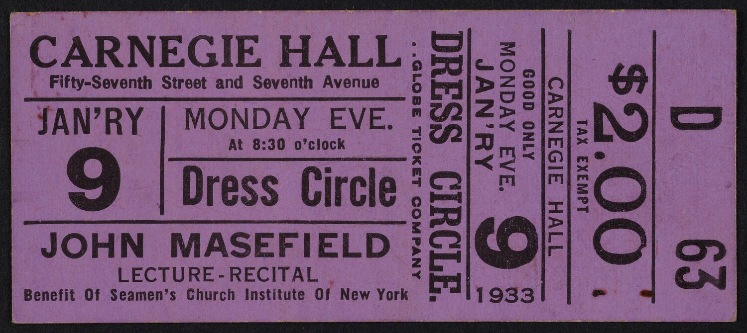 Ticket for John Masefield, January 9, 1933 (front)