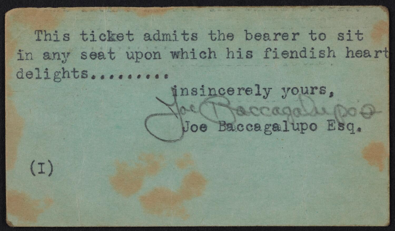 Ticket for Dewey-Warren Victory Concert and Rally, November 1, 1948 (back)