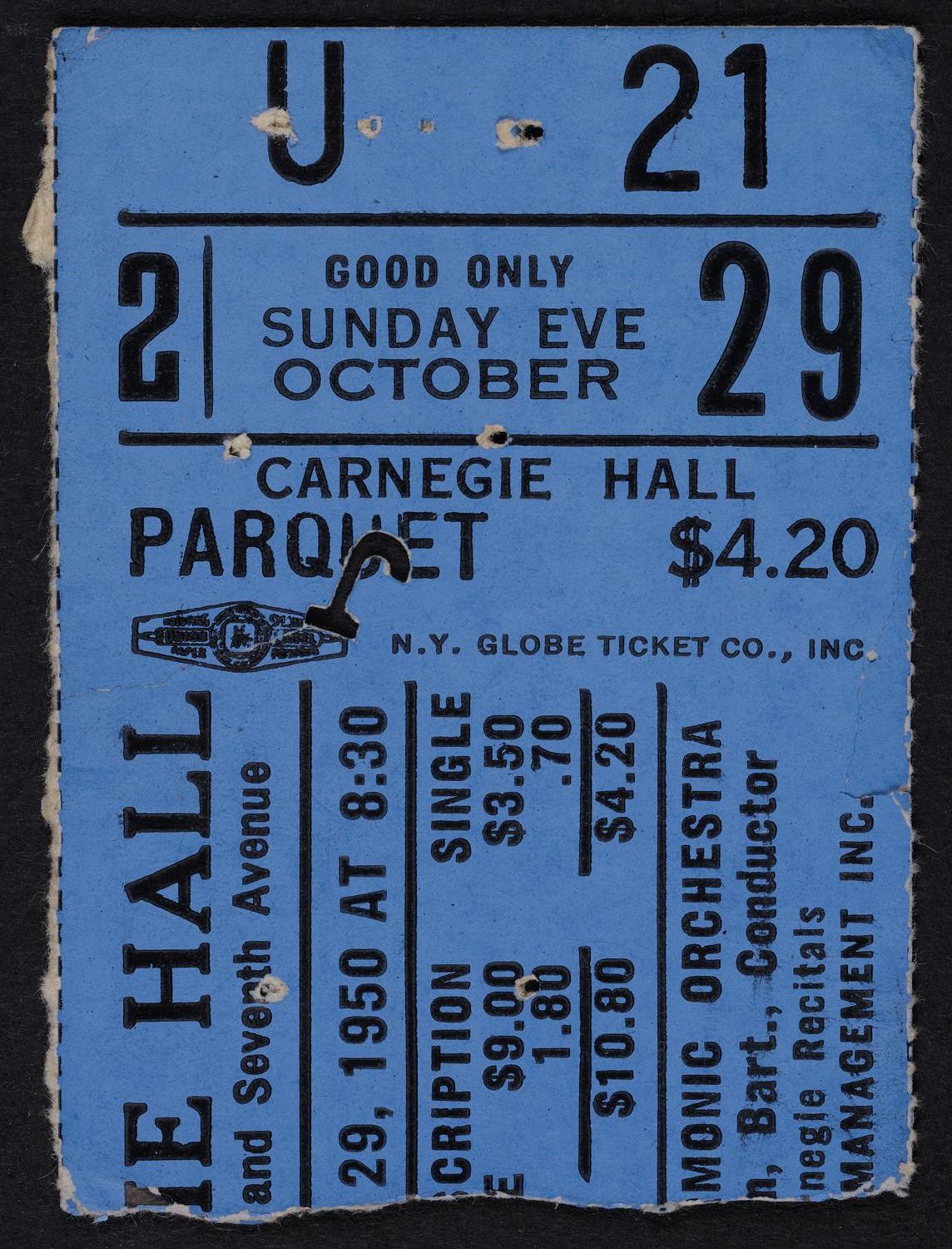 Ticket for Royal Philharmonic Orchestra, October 29, 1950 (front)