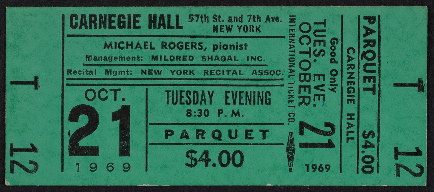 Ticket to Michael Rogers, October 21, 1969 (front)