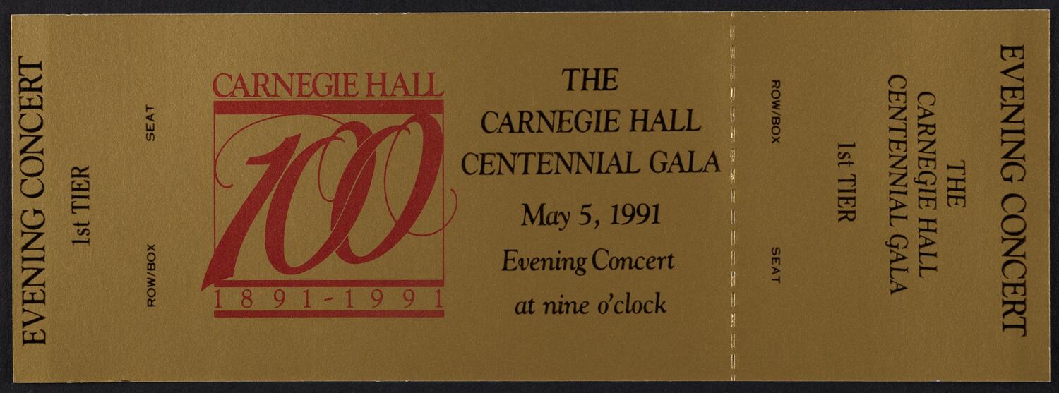 Ticket for the Carnegie Hall Centennial Gala, May 5, 1991 (front)