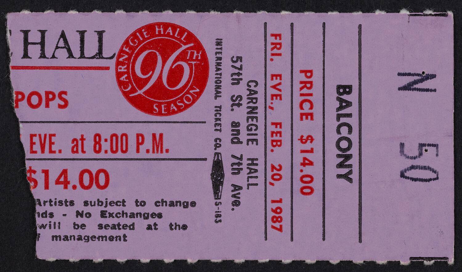 Ticket for New York Pops, February 20, 1987 (front)