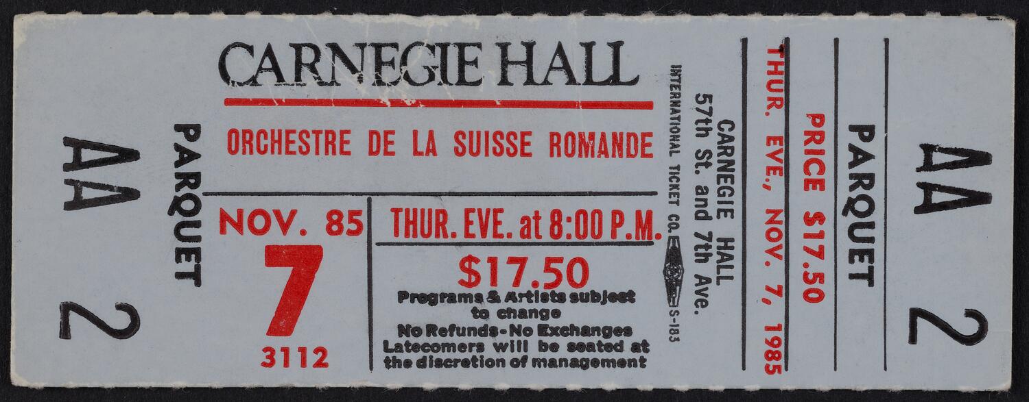 Ticket for Orchestre De La Suisse Romande, November 7, 1985 (front)