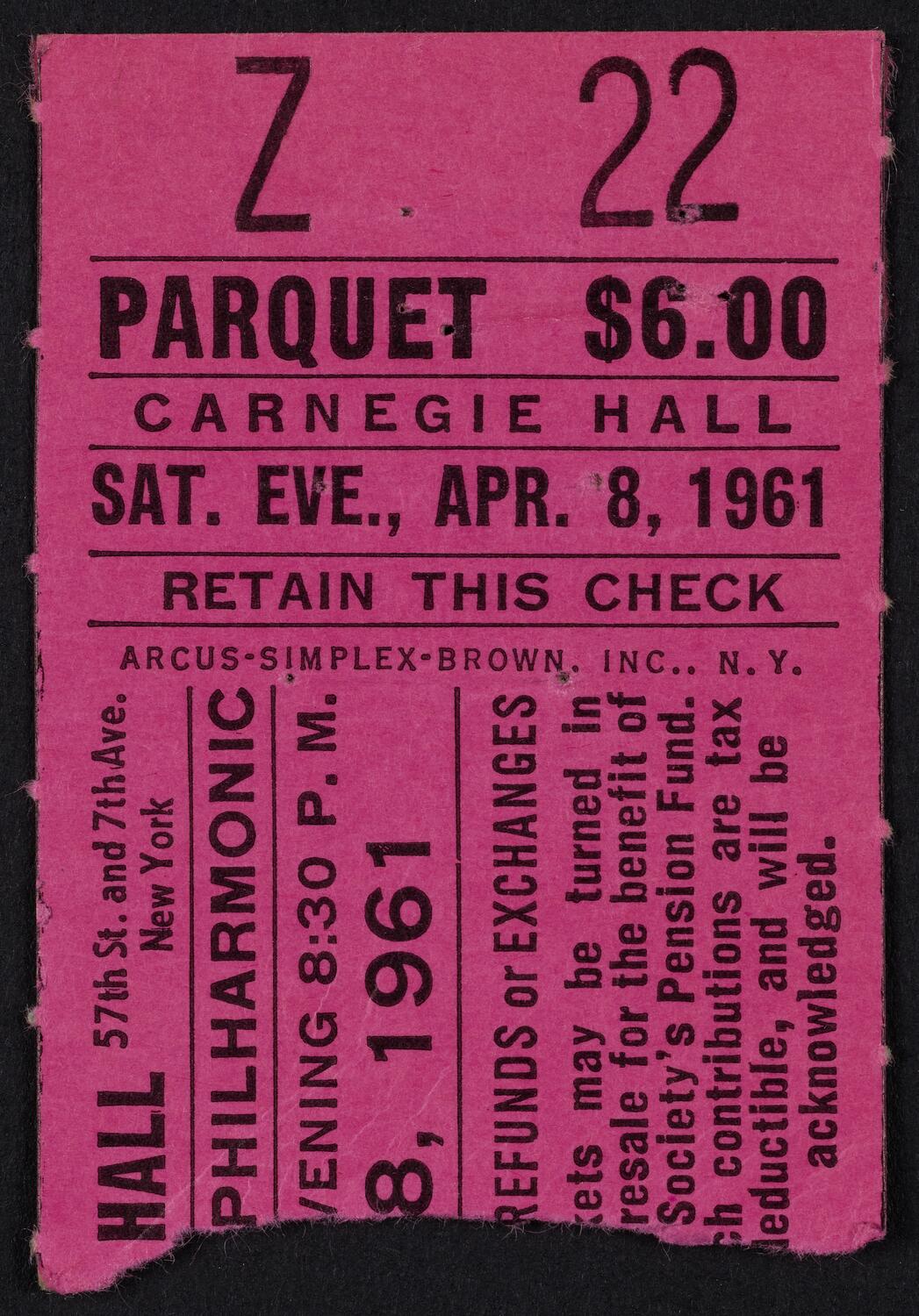 Ticket for New York Philharmonic, April 8, 1961 (front)