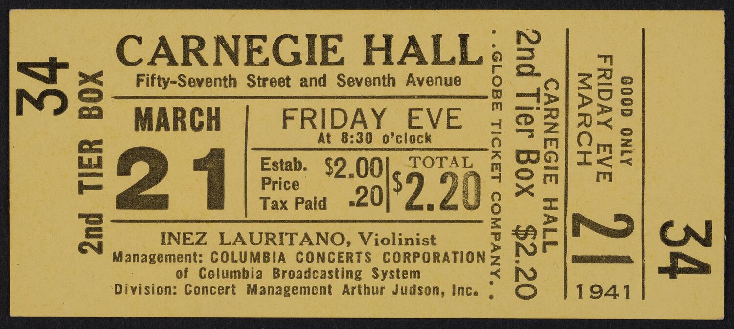 Ticket for Inez Lauritano, March 21, 1941 (front)