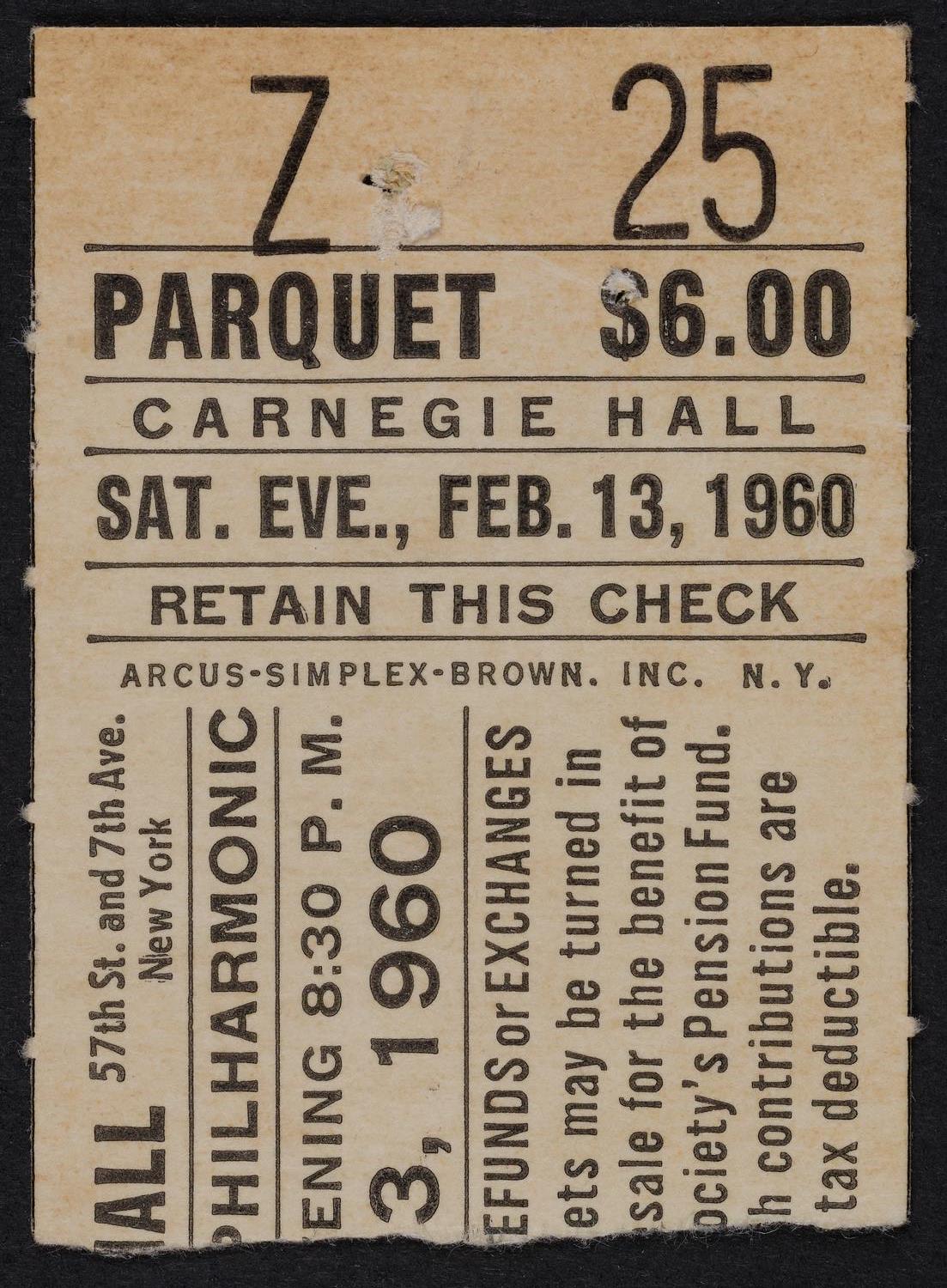 Ticket for New York Philharmonic, February 13, 1960 (front)