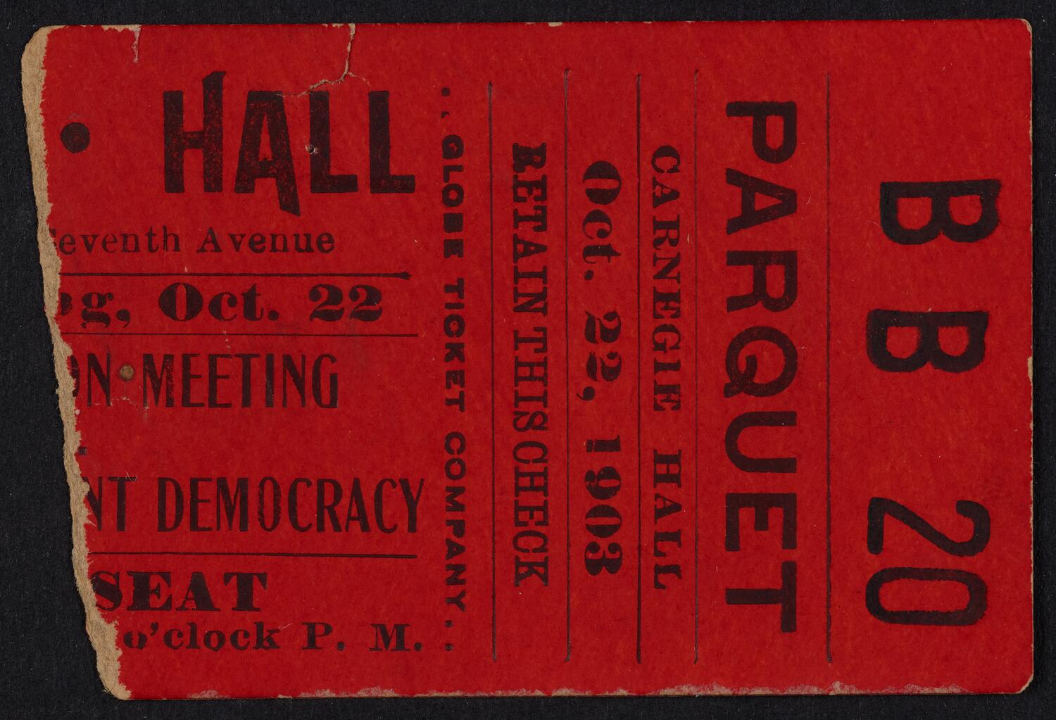 Ticket for Independent Citizens' Democracy Meeting, October 22, 1903 (front)