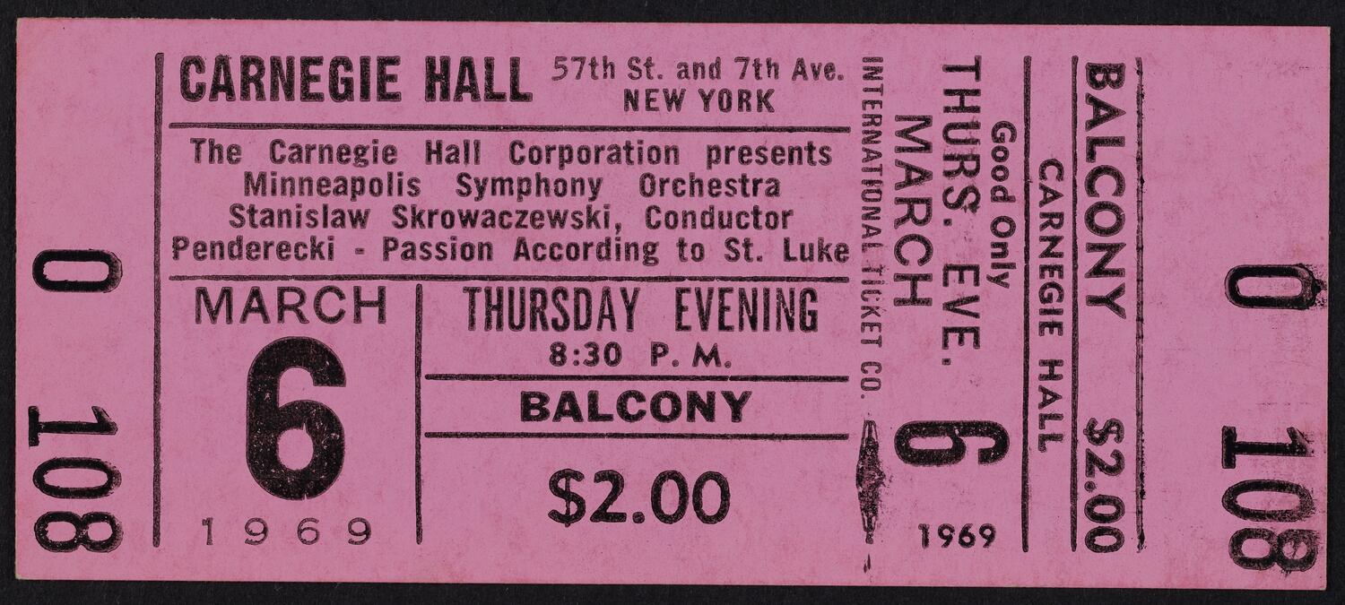 Ticket for Minneapolis Symphony Orchestra, March 6, 1969 (front)