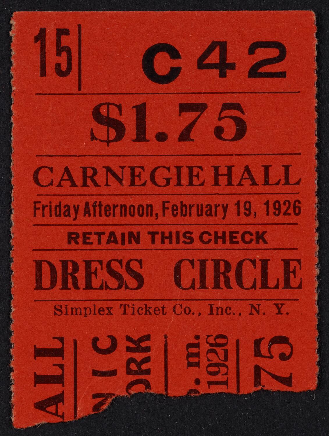 Ticket for Philharmonic-Symphony Society of New York, February 19, 1926 (front)
