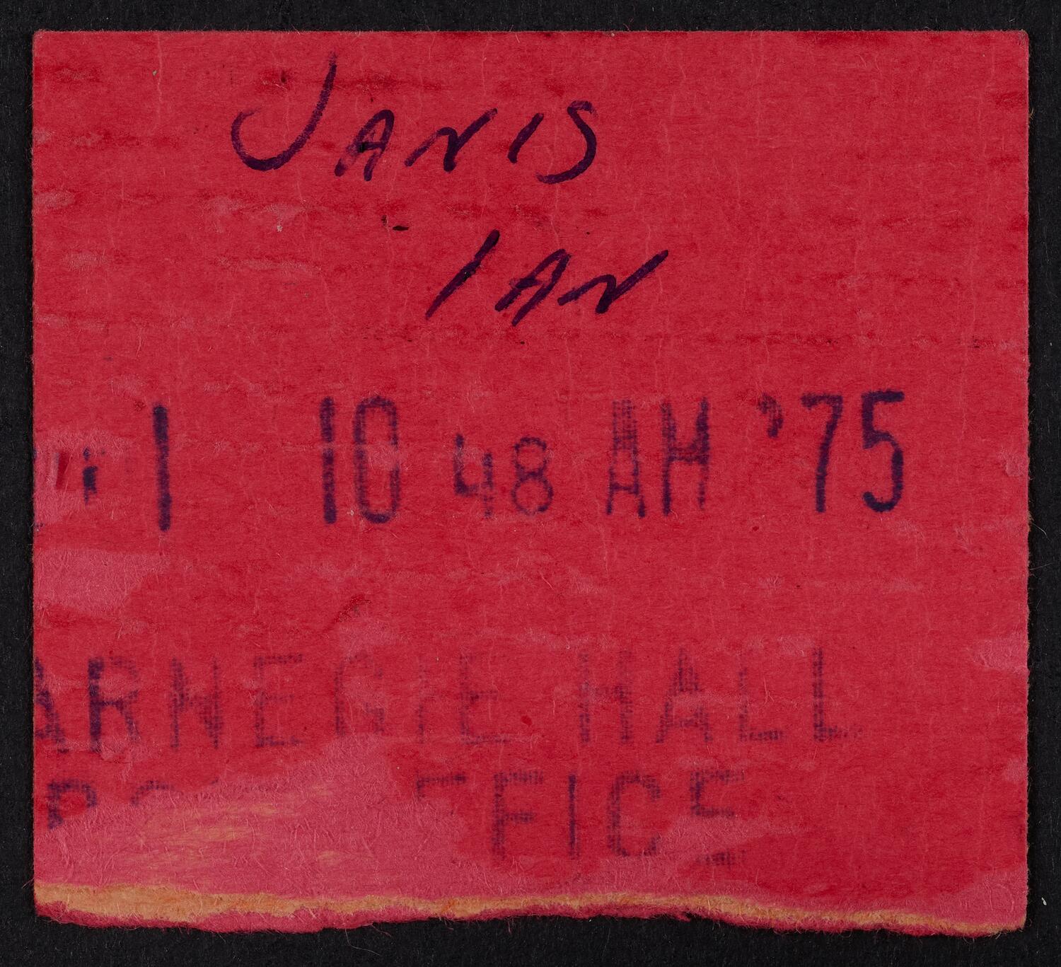 Ticket for Janis Ian, December 12, 1975 (back)