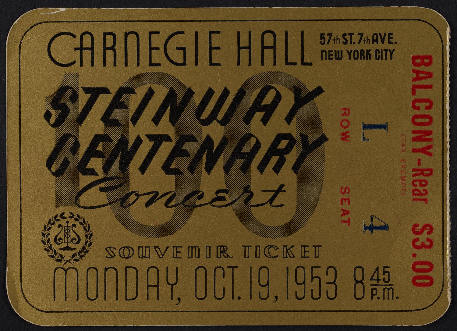 Ticket for Steinway Centenary Concert, October 19, 1953 (front)