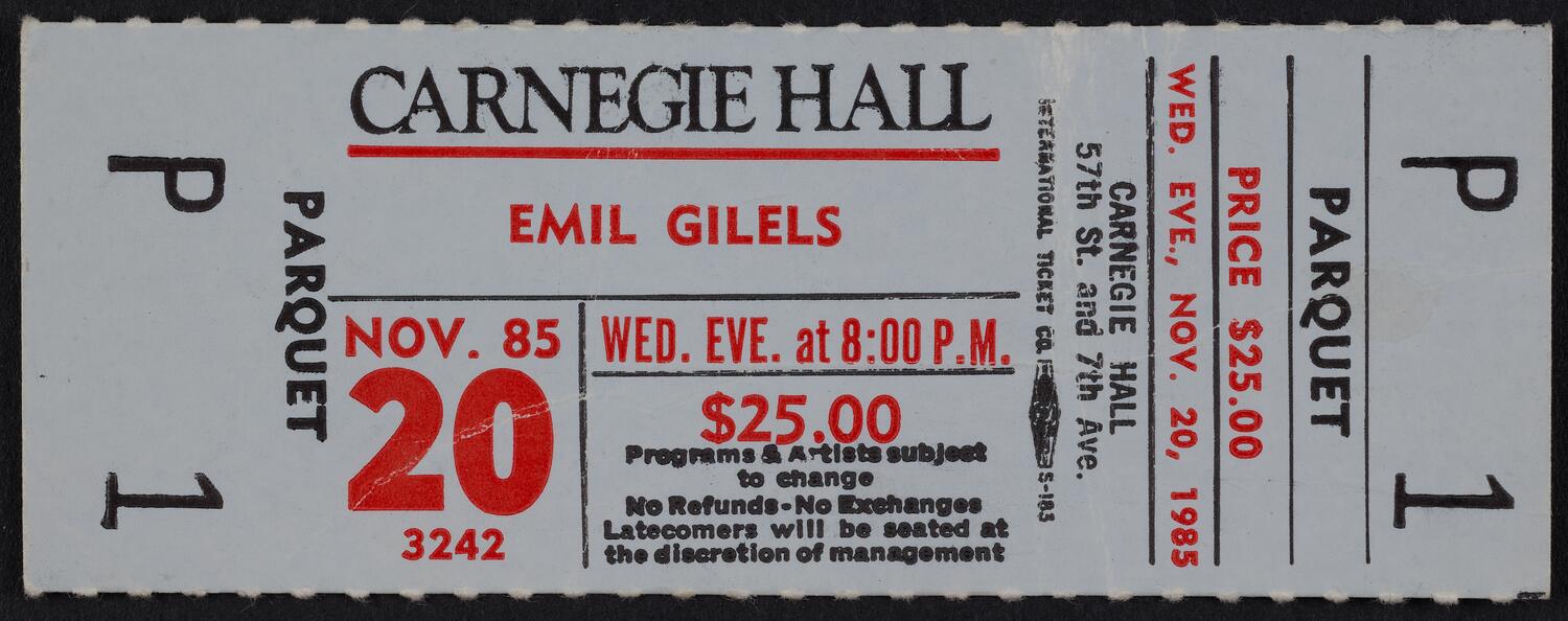 Ticket for Emil Gilels, November 20, 1985 (front)