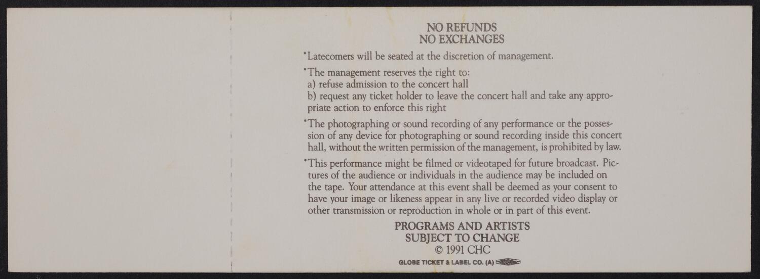 Ticket for Carnegie Hall Centennial Gala, May 5, 1991 (back)