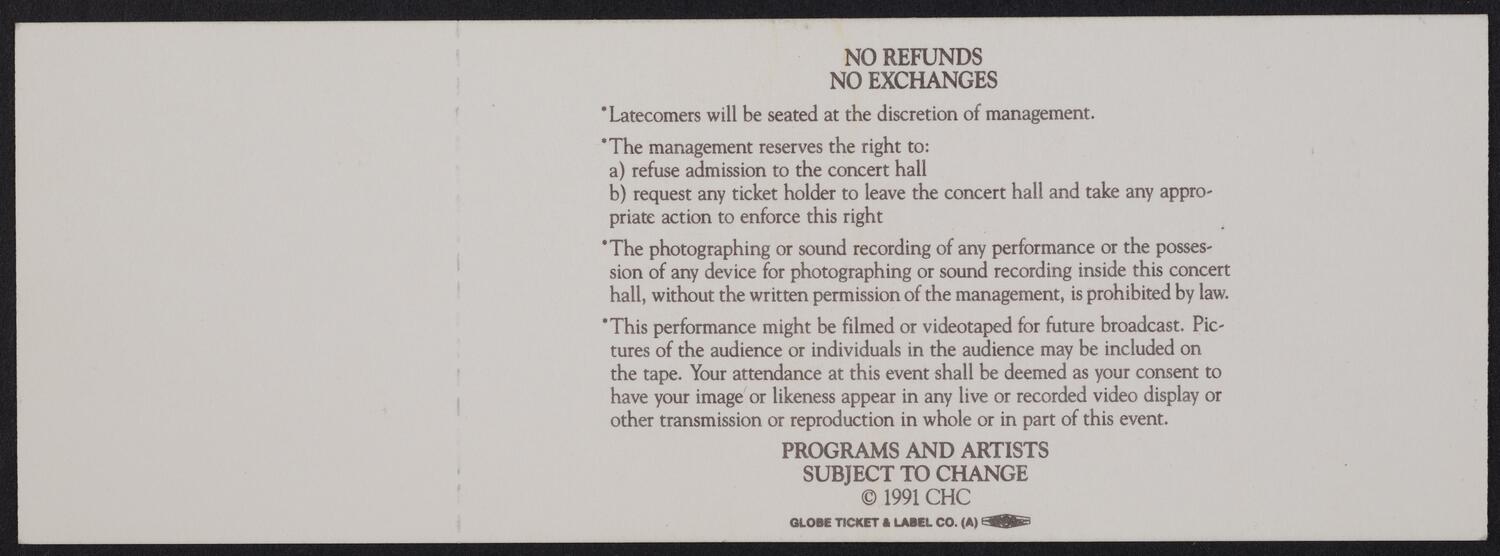 Ticket for the Carnegie Hall Centennial Gala, May 5, 1991 (back)