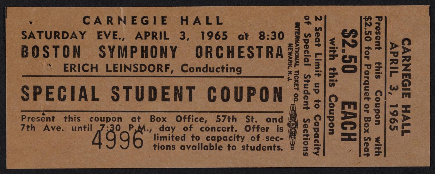 Ticket for Boston Symphony Orchestra, April 3, 1965 (front)