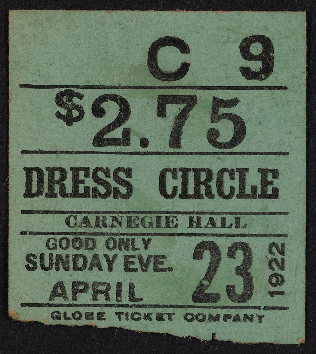 Ticket for Fritz Kreisler, April 23, 1922 (front)