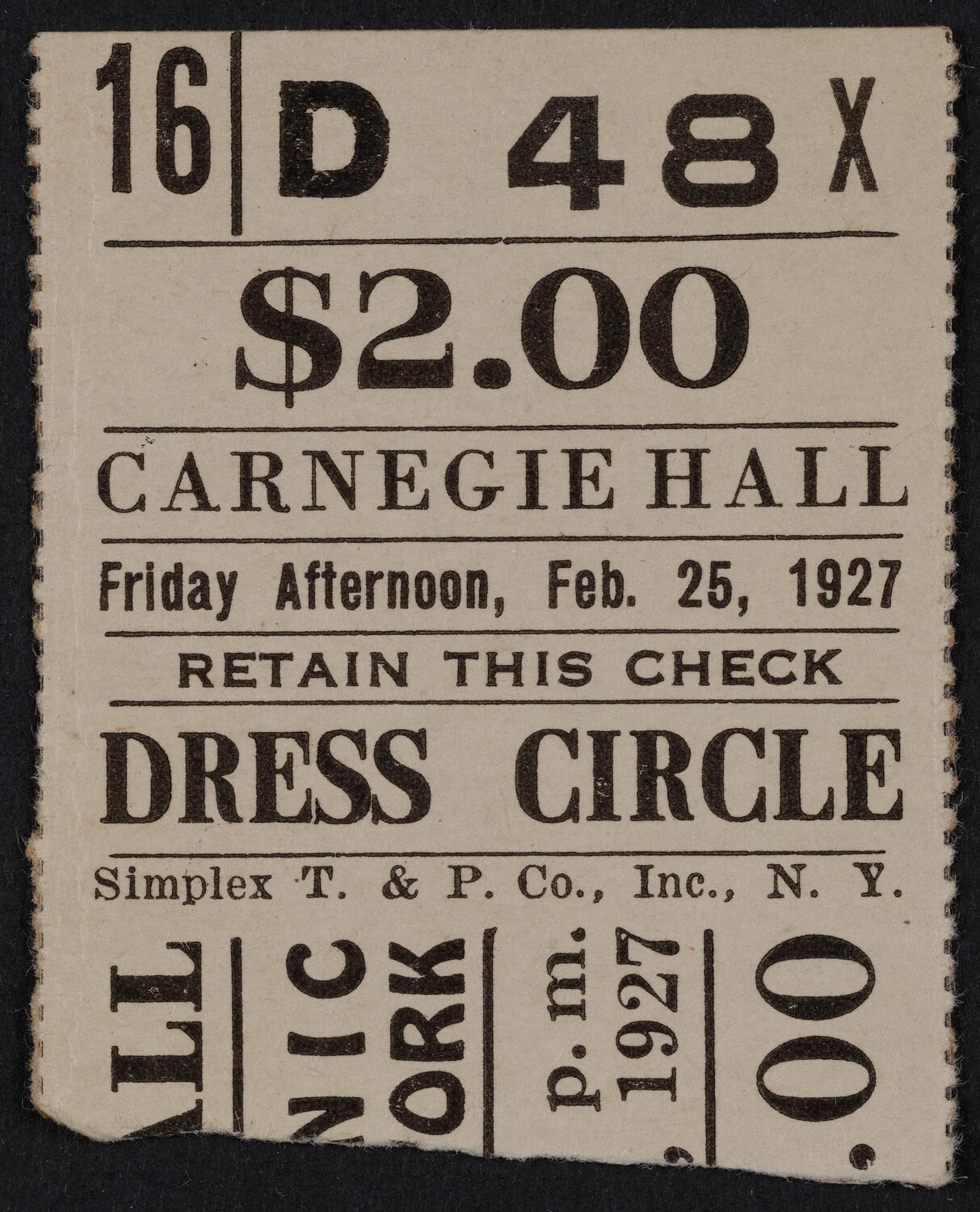 Ticket for Philharmonic-Symphony Society of New York, February 25, 1927 (front)