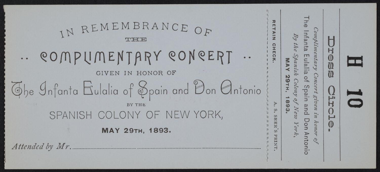 Ticket for Concert in Honor of the Infanta Eulalia of Spain and Don Antonio, May 29, 1893 (front)
