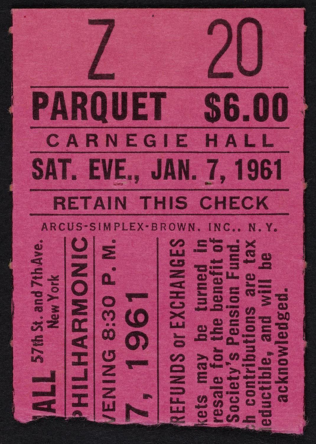 Ticket for New York Philharmonic, January 7, 1961 (front)