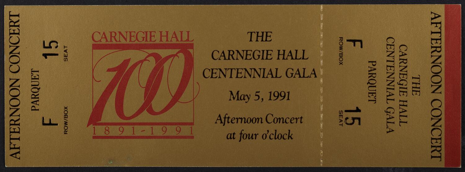 Ticket for the Carnegie Hall Centennial Gala, May 5, 1991 (front)