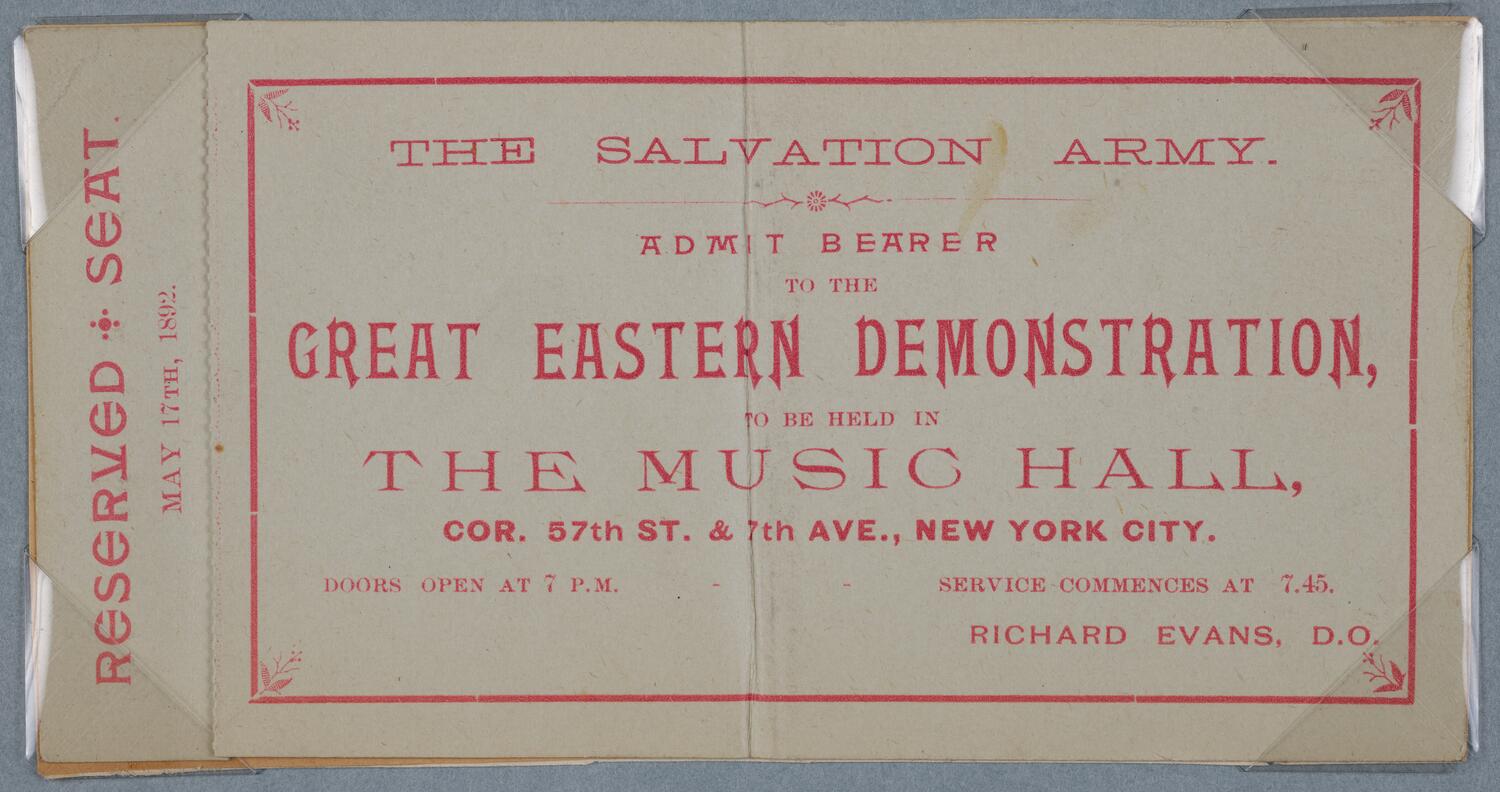 Ticket for The Salvation Army: Great Eastern Demonstration, May 17, 1892 (front)