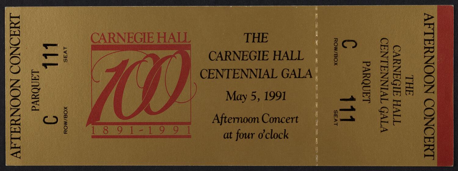 Ticket for the Carnegie Hall Centennial Gala, May 5, 1991 (front)