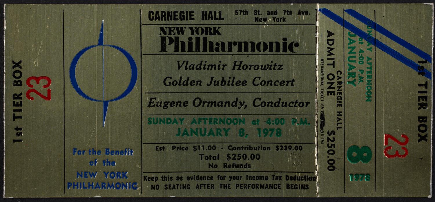 Ticket for Vladimir Horowitz Golden Jubilee Concert, January 8, 1978 (front)