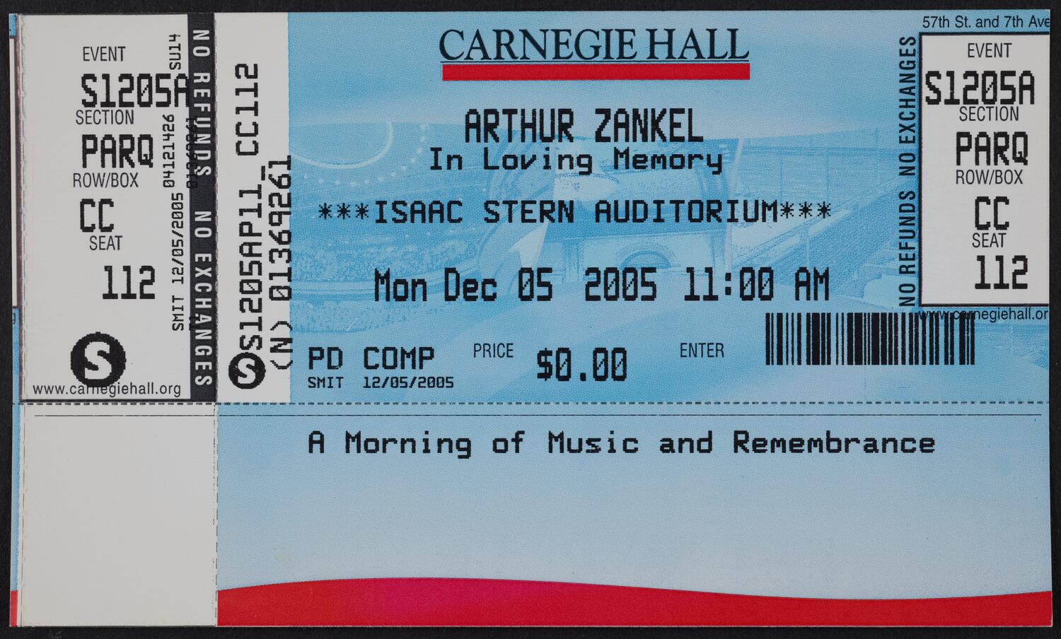 Ticket for Arthur Zankel: In Loving Memory, December 5, 2005 (front)