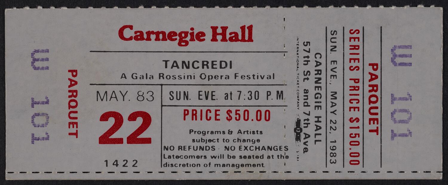 Ticket for Tancredi: A Gala Rossini Opera Festival, May 22, 1983 (front)