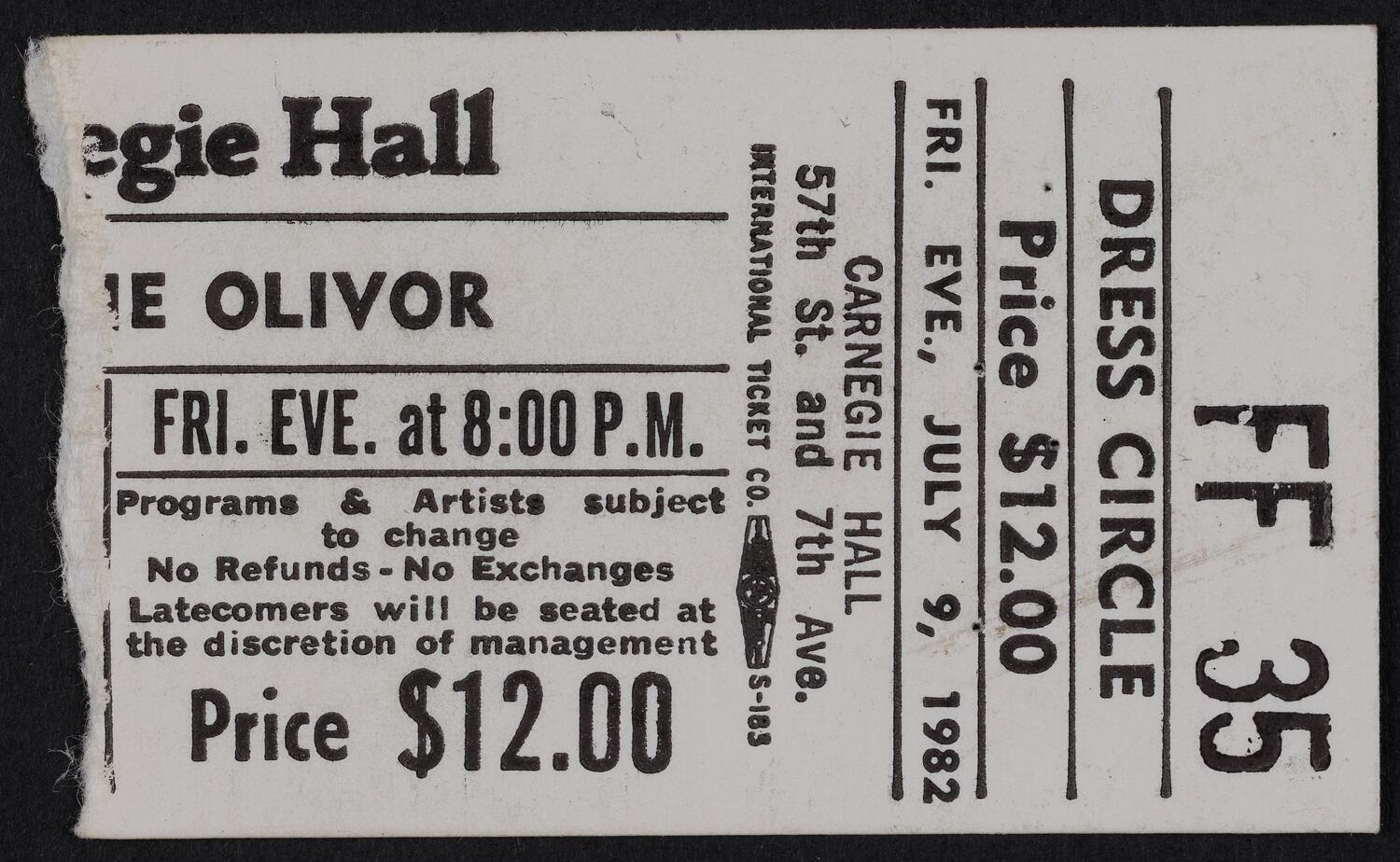 Ticket for Jane Olivor, July 9, 1982 (front)