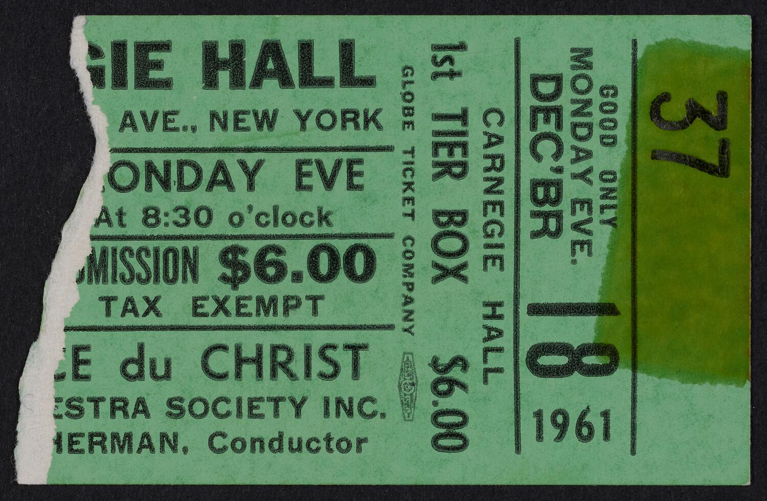 Ticket for The Little Orchestra Society, December 18, 1961 (front)