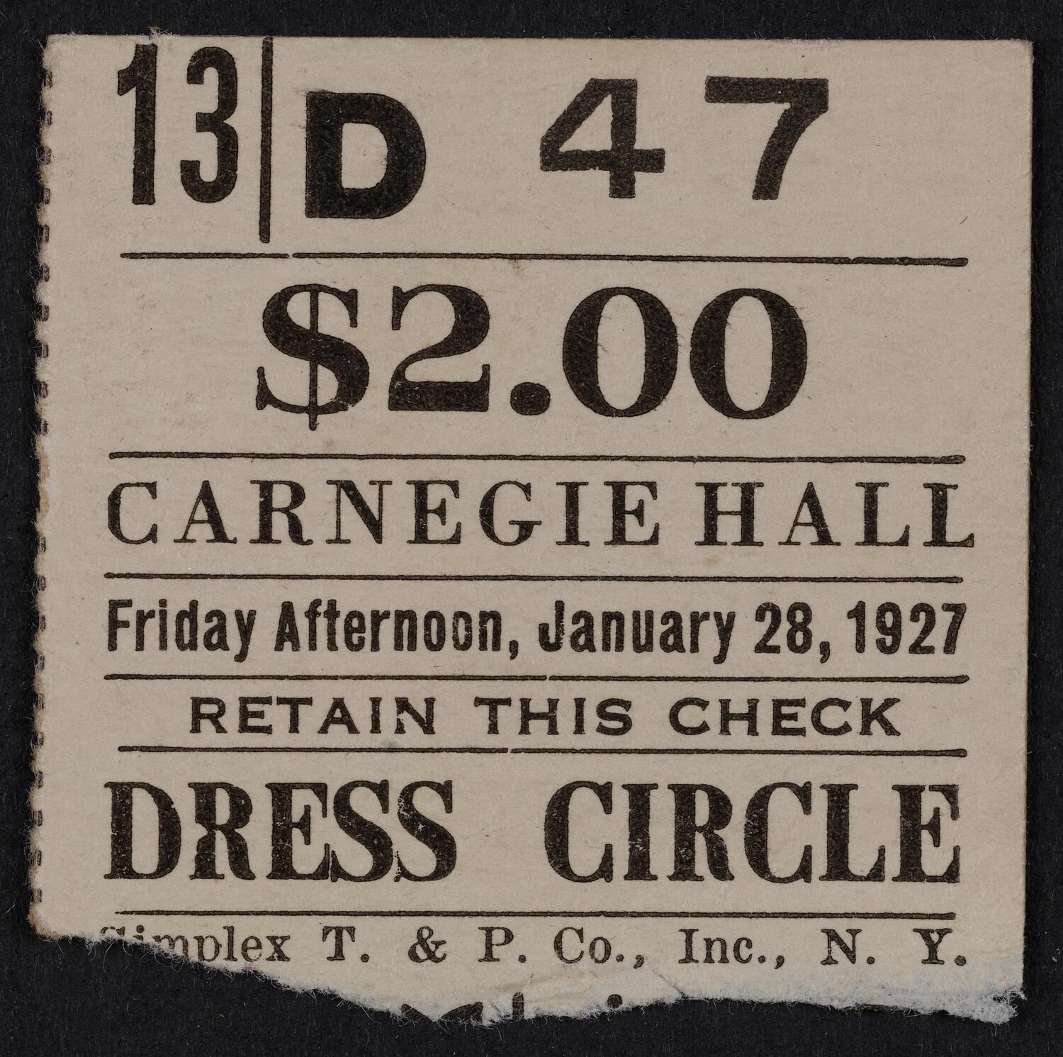 Ticket for Philharmonic-Symphony Society of New York, January 28, 1927 (front)