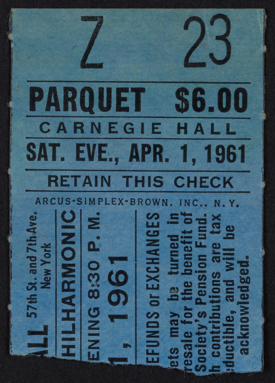 Ticket for New York Philharmonic: Dimitri Mitropoulos Memorial, April 1, 1961 (front)