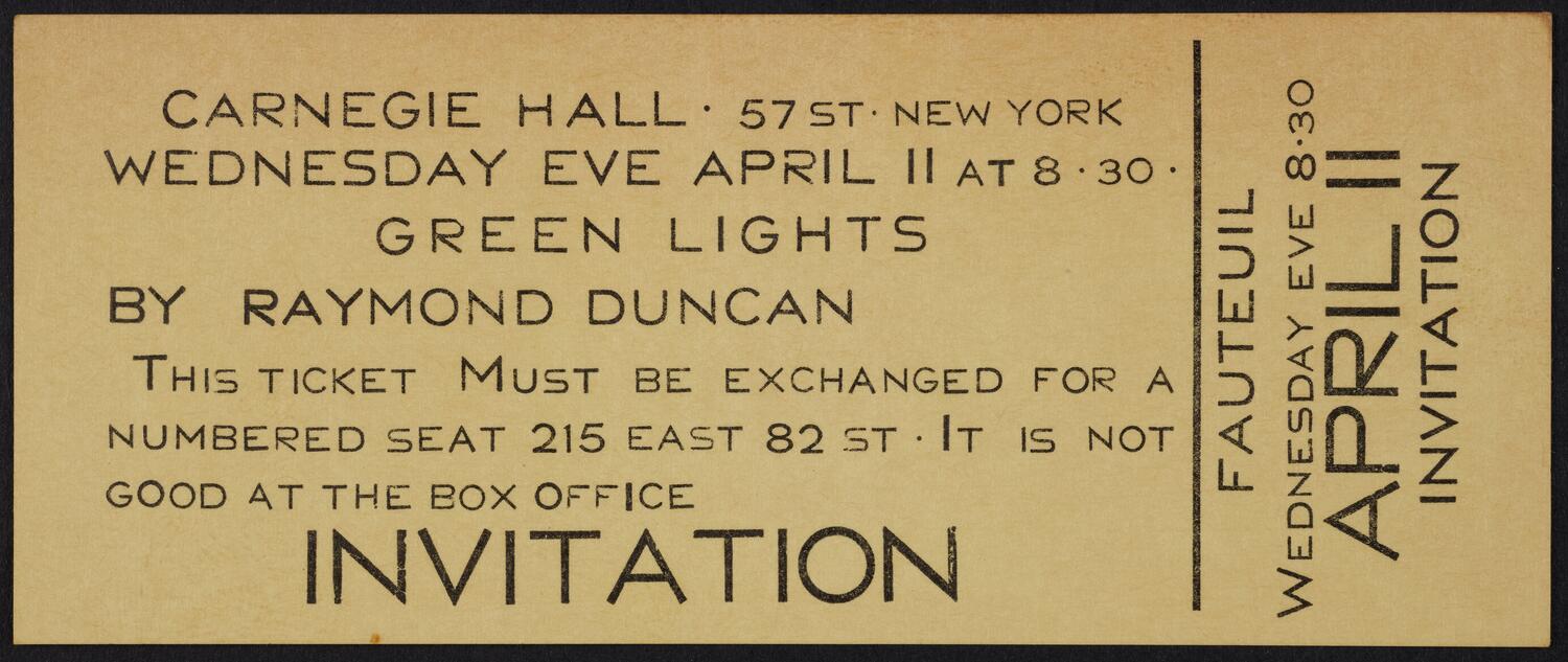 Ticket for Green Lights by Raymond Duncan, April 11, 1962 (front)