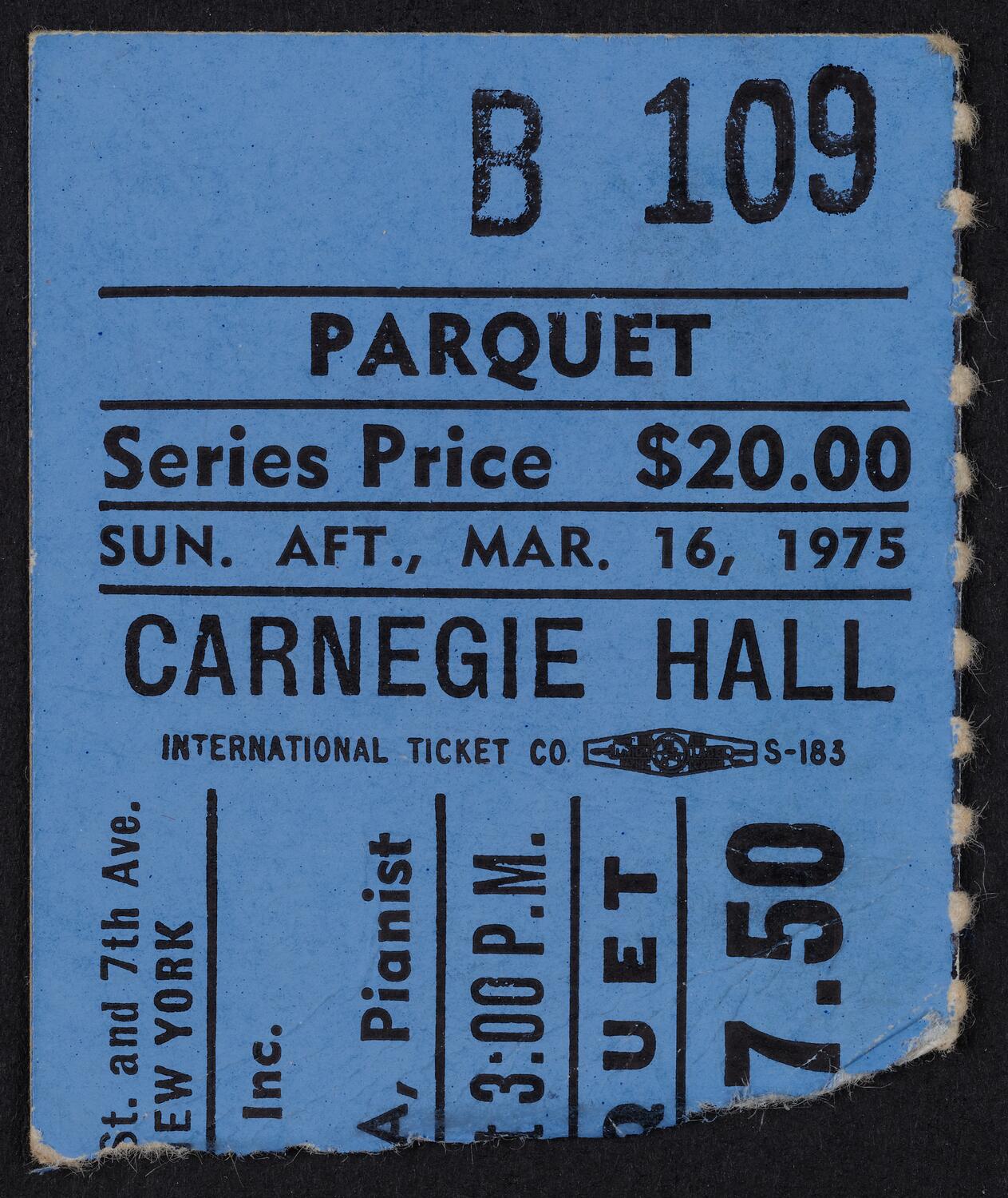 Ticket for Alicia de Larrocha, March 16, 1975 (front)