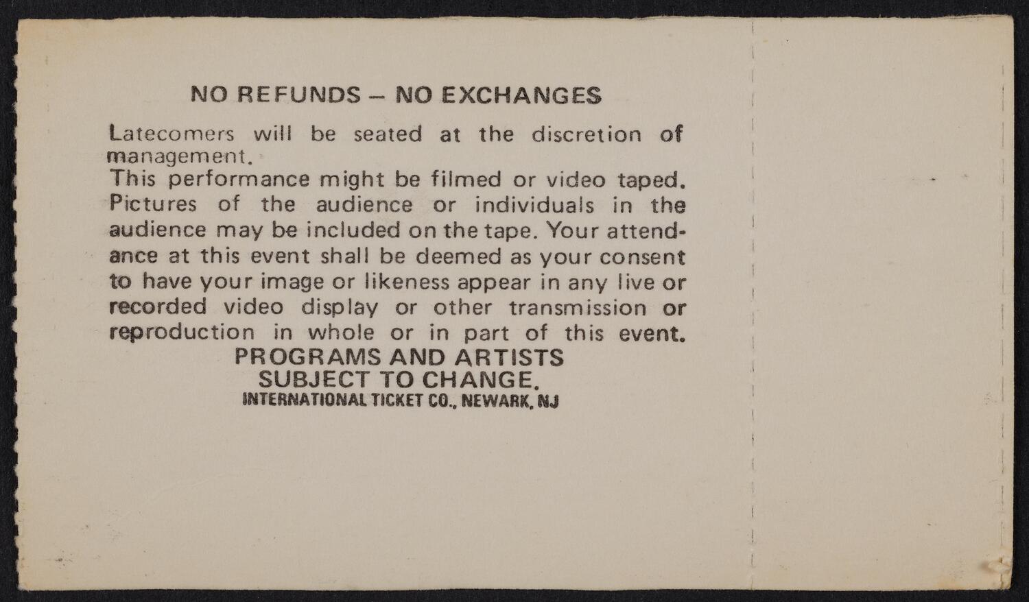 Ticket for Irving Berlin's 100th: A Gala Celebration, May 11, 1988 (back)