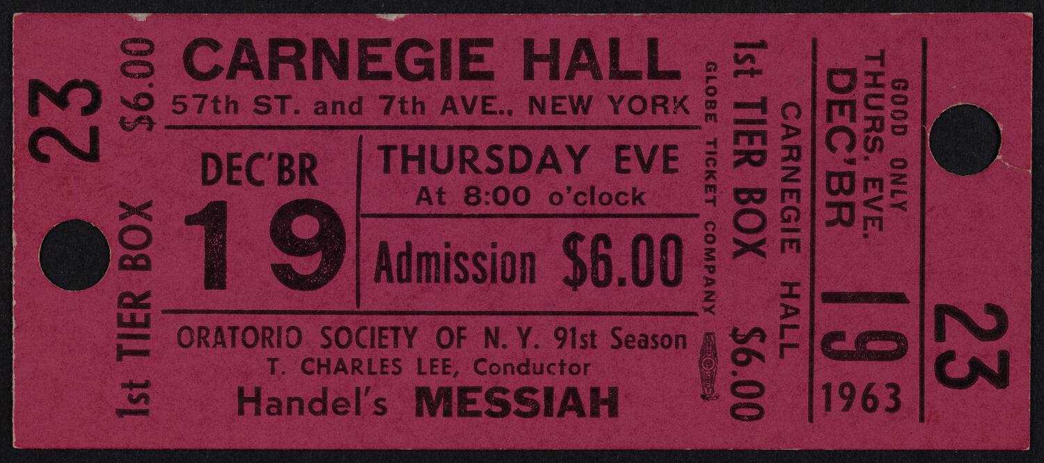 Ticket for Oratorio Society of New York: Handel's Messiah, December 19, 1963 (front)